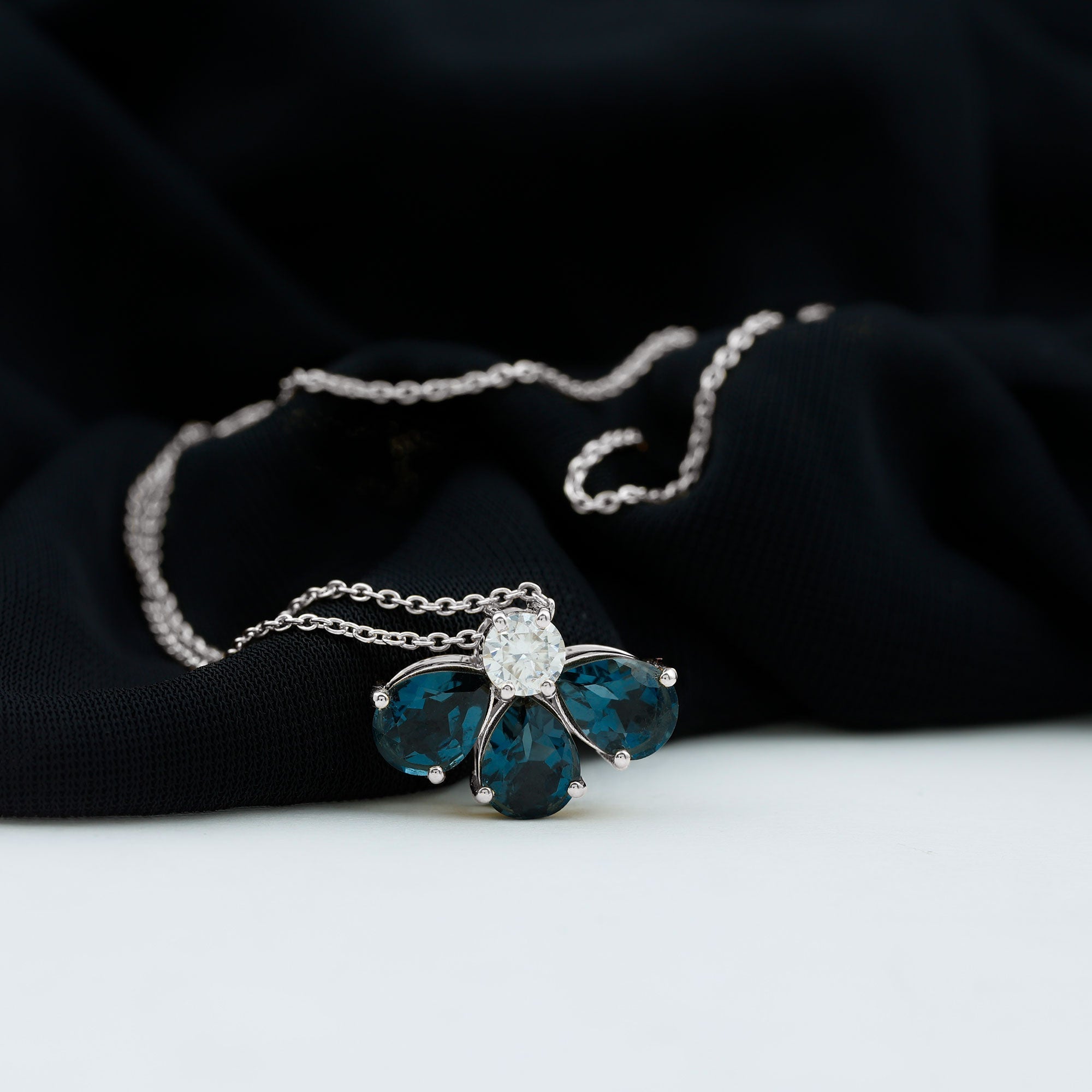 Real 2.37 Carat Pear Cut London Blue Topaz Flower Necklace