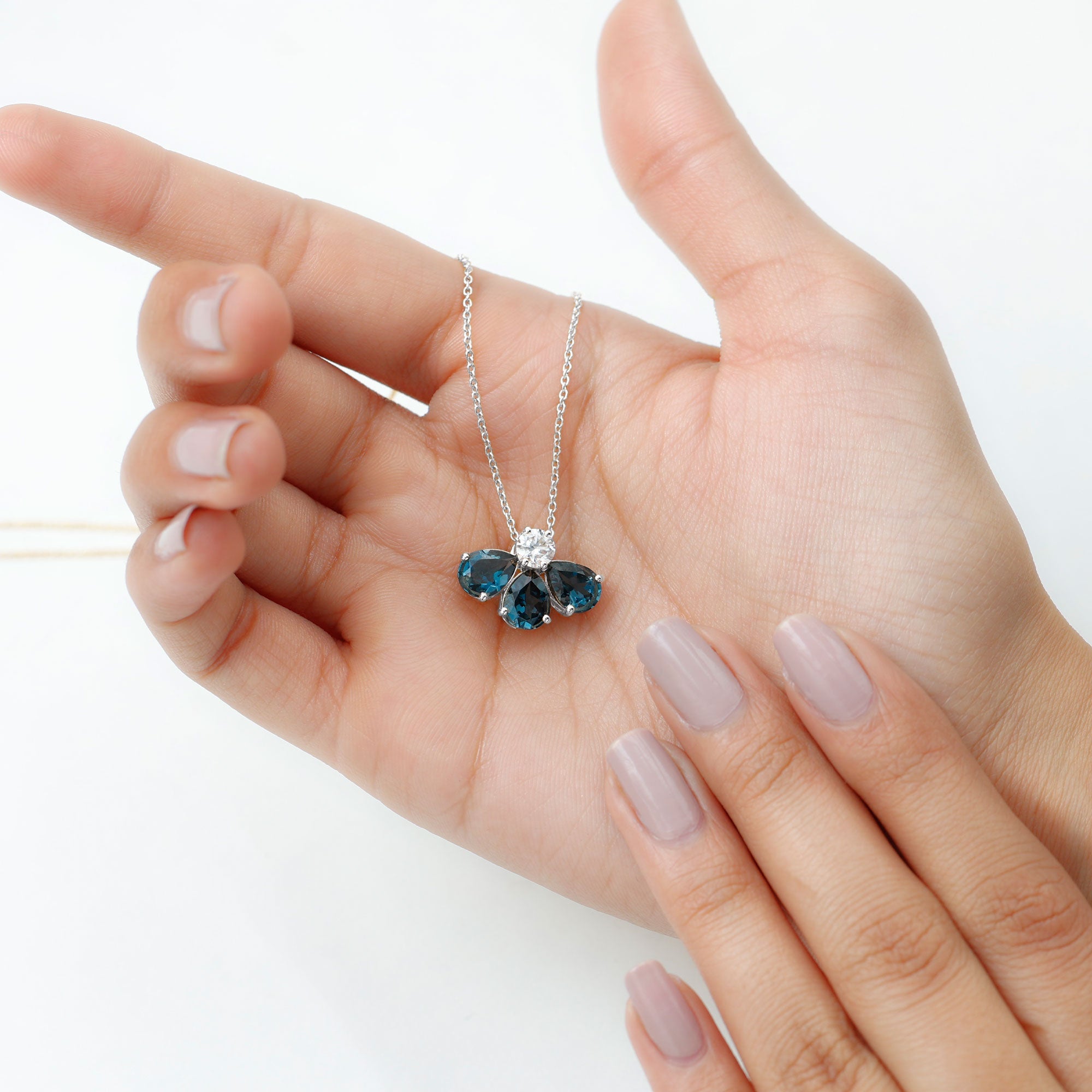 Real 2.37 Carat Pear Cut London Blue Topaz Flower Necklace