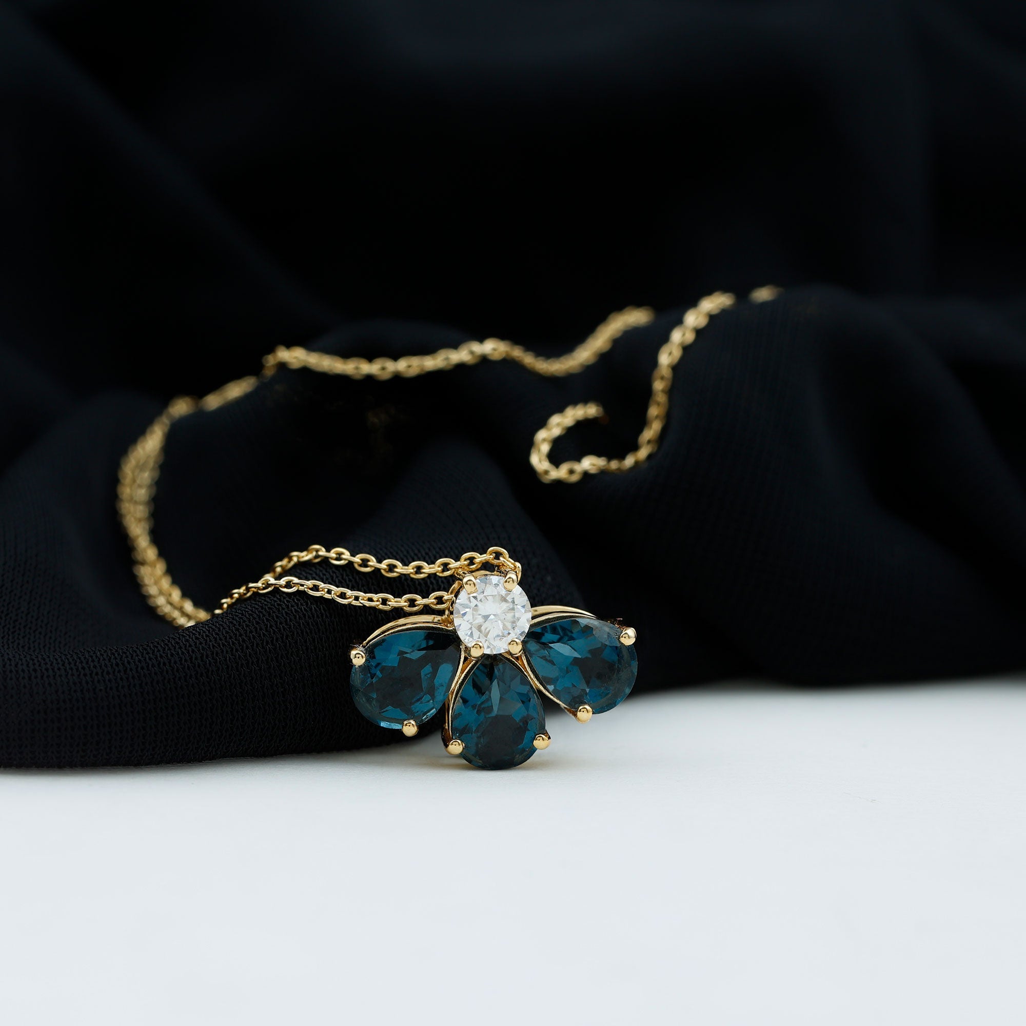 Real 2.37 Carat Pear Cut London Blue Topaz Flower Necklace