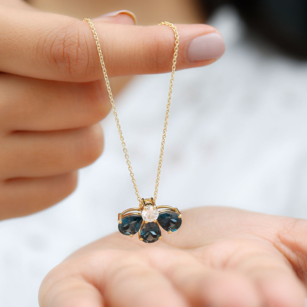 Real 2.37 Carat Pear Cut London Blue Topaz Flower Necklace