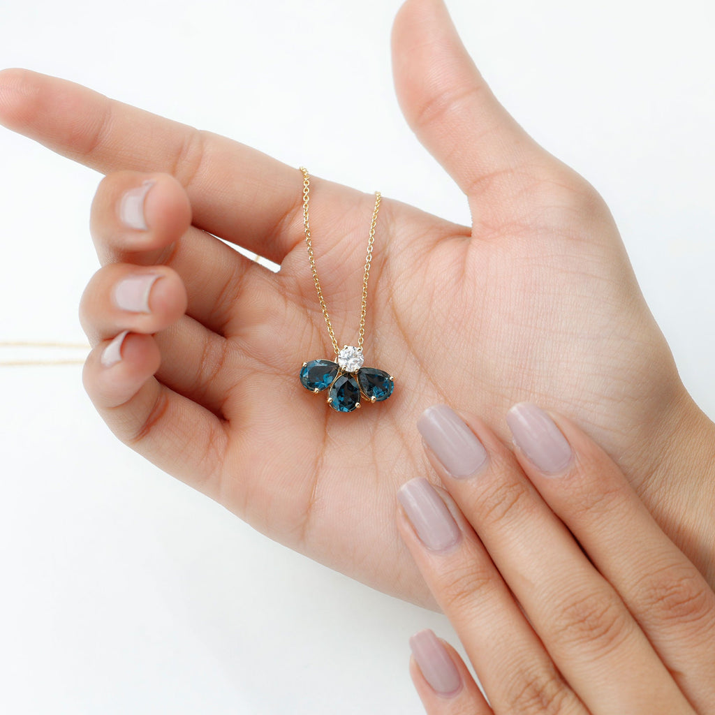 Real 2.37 Carat Pear Cut London Blue Topaz Flower Necklace