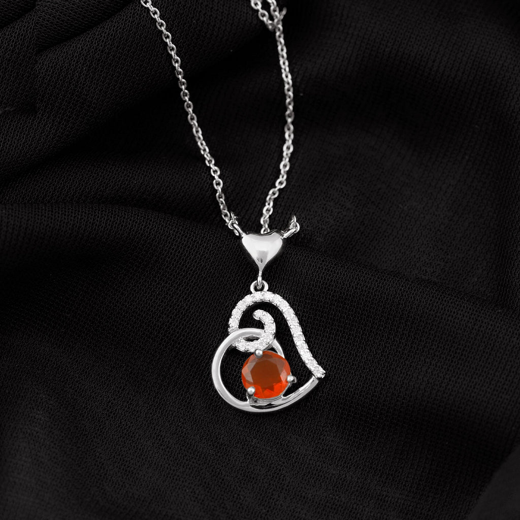 6MM Round Fire Opal and Diamond Heart Pendant Necklace