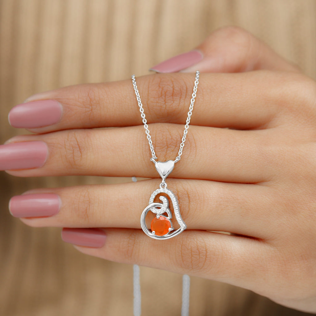 6MM Round Fire Opal and Diamond Heart Pendant Necklace