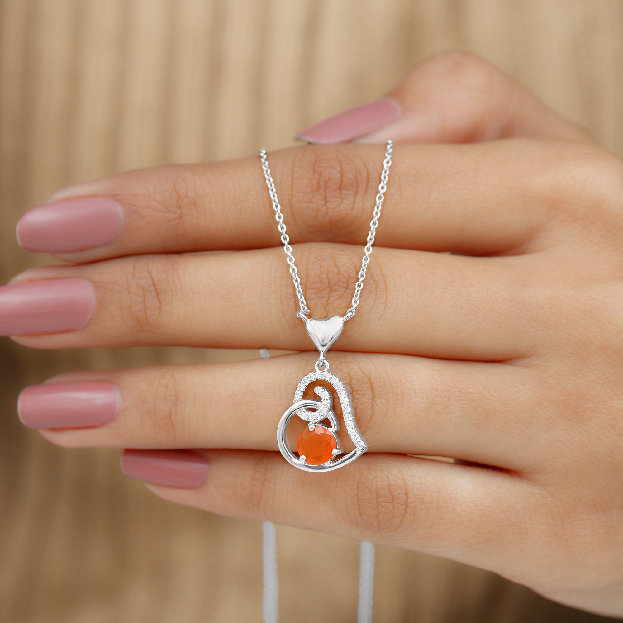 6MM Round Fire Opal and Diamond Heart Pendant Necklace