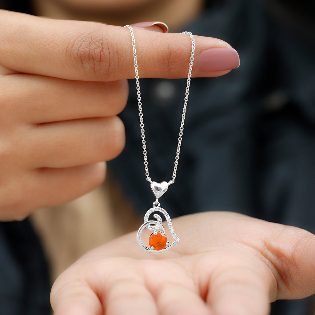 6MM Round Fire Opal and Diamond Heart Pendant Necklace