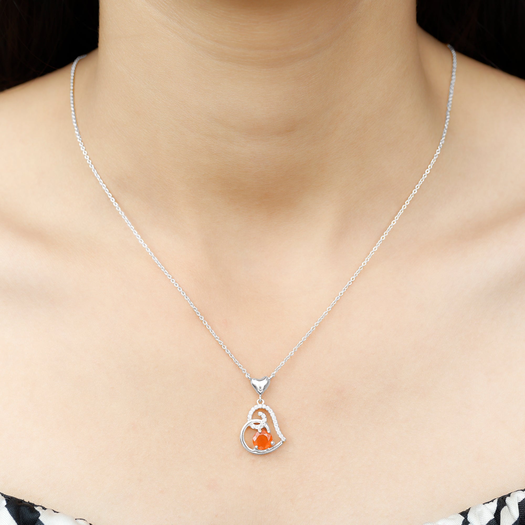 6MM Round Fire Opal and Diamond Heart Pendant Necklace