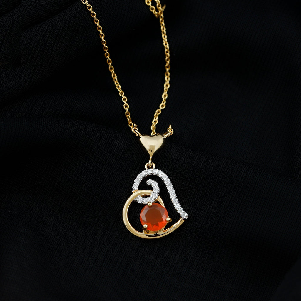 6MM Round Fire Opal and Diamond Heart Pendant Necklace