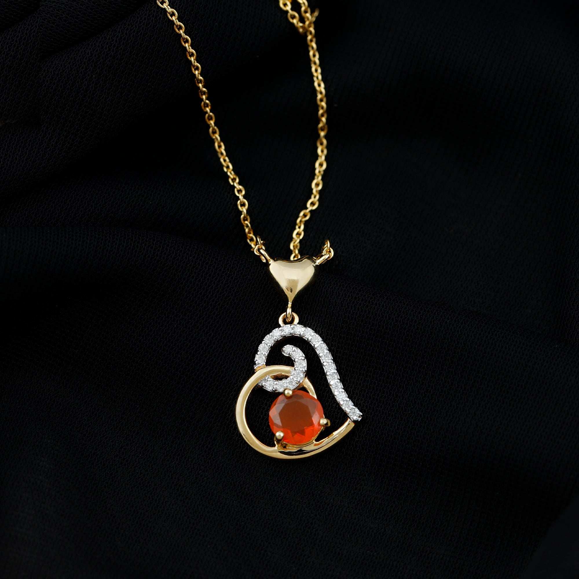 6MM Round Fire Opal and Diamond Heart Pendant Necklace