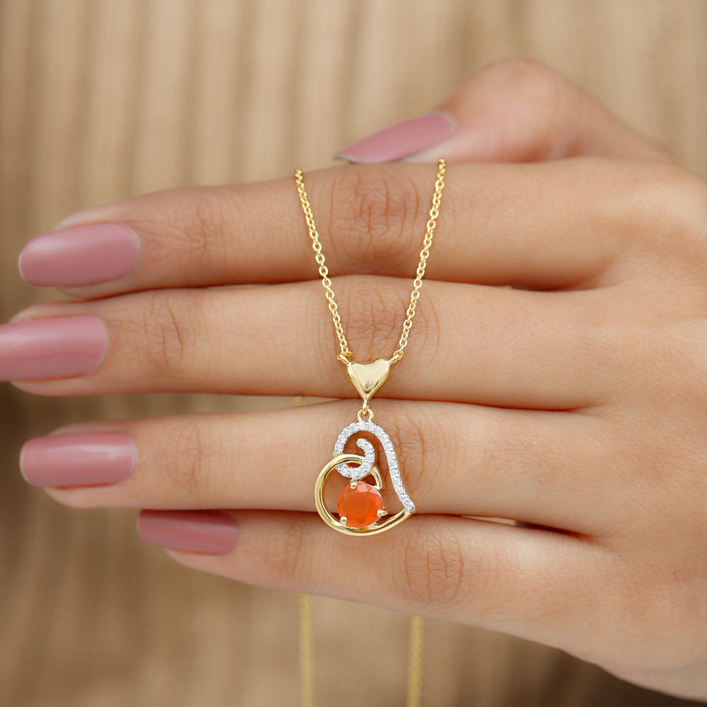 6MM Round Fire Opal and Diamond Heart Pendant Necklace