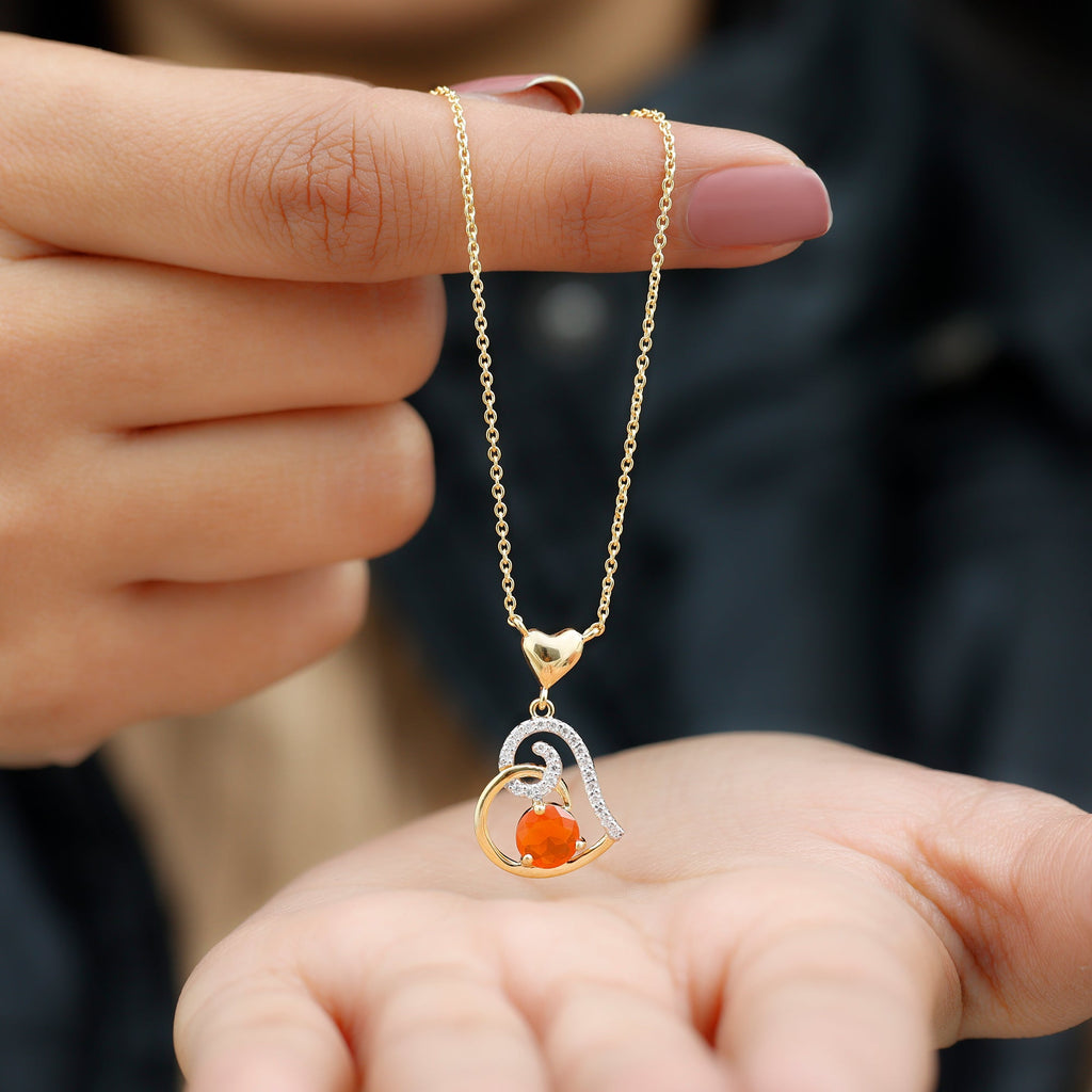 6MM Round Fire Opal and Diamond Heart Pendant Necklace