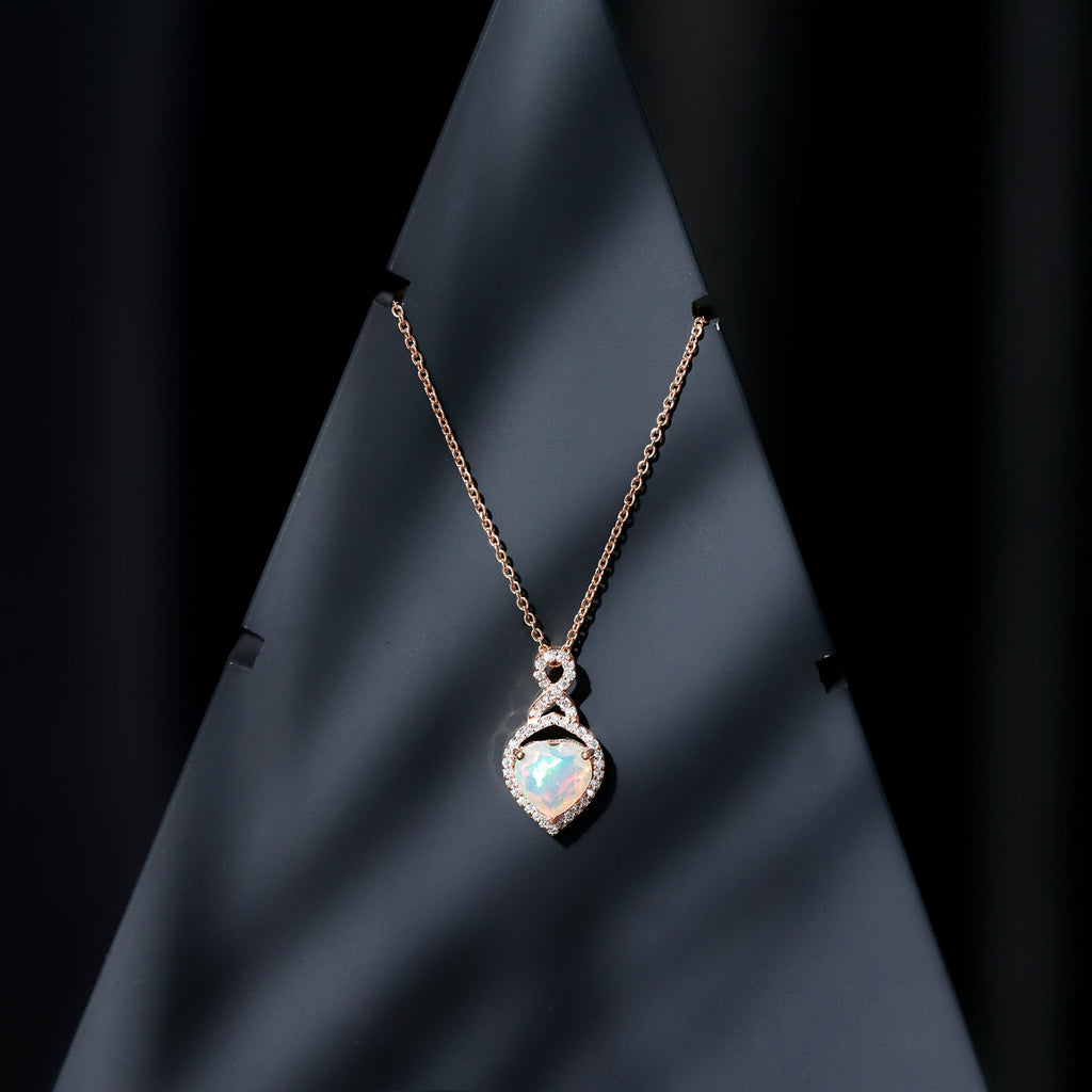 2 Carat Heart Shape Ethiopian Opal Infinity Pendant with Moissanite
