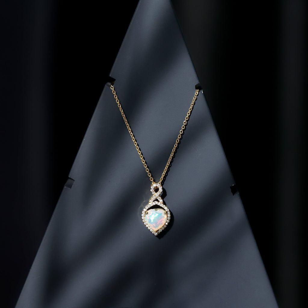 2 Carat Heart Shape Ethiopian Opal Infinity Pendant with Moissanite