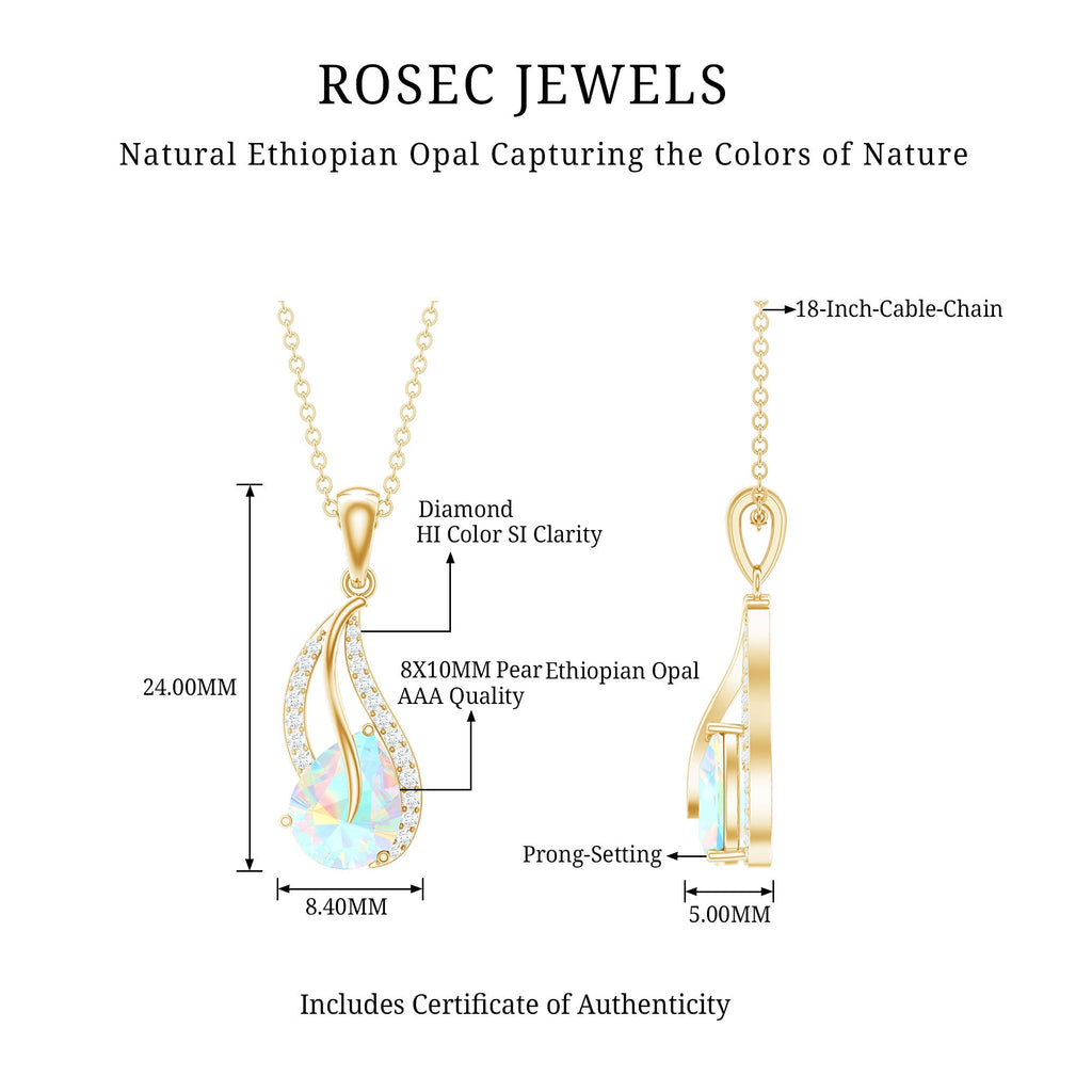 2 Carat Pear Shaped Ethiopian Opal and Diamond Leaf Pendant