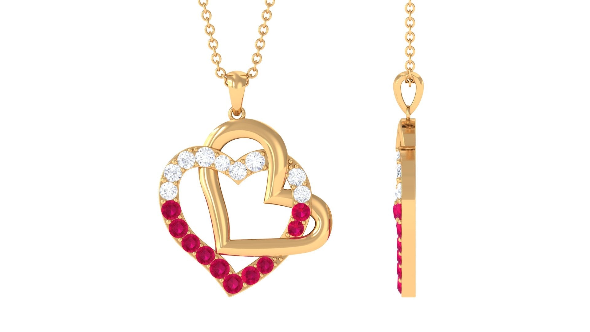 3/4 CT Real Ruby and Moissanite Interlock Heart Gold Pendant