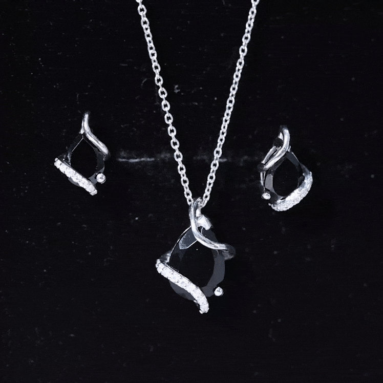 3 CT Black Spinel and Moissanite Teardrop Necklace Earrings Set