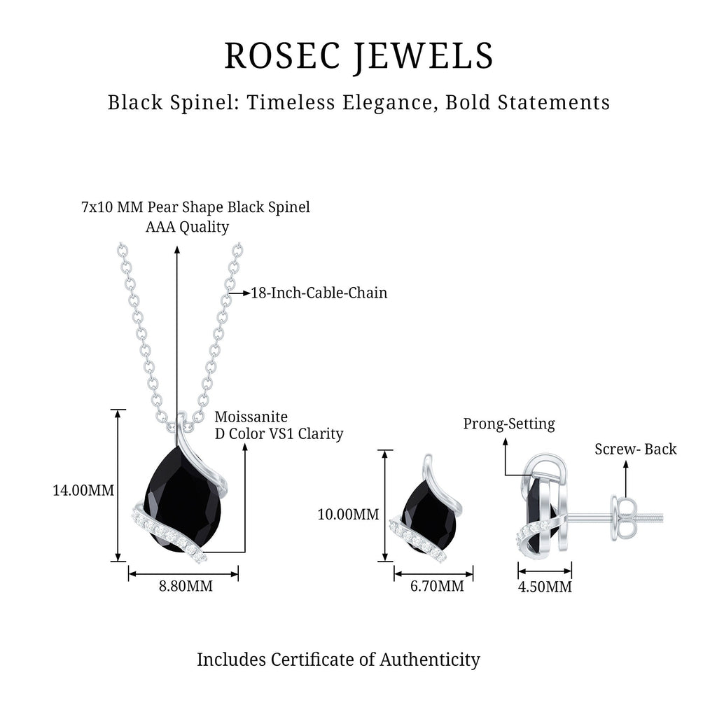 3 CT Black Spinel and Moissanite Teardrop Necklace Earrings Set