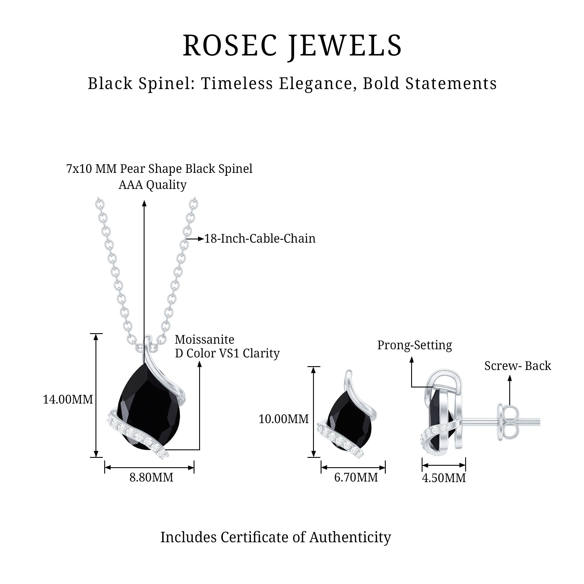 3 CT Black Spinel and Moissanite Teardrop Necklace Earrings Set