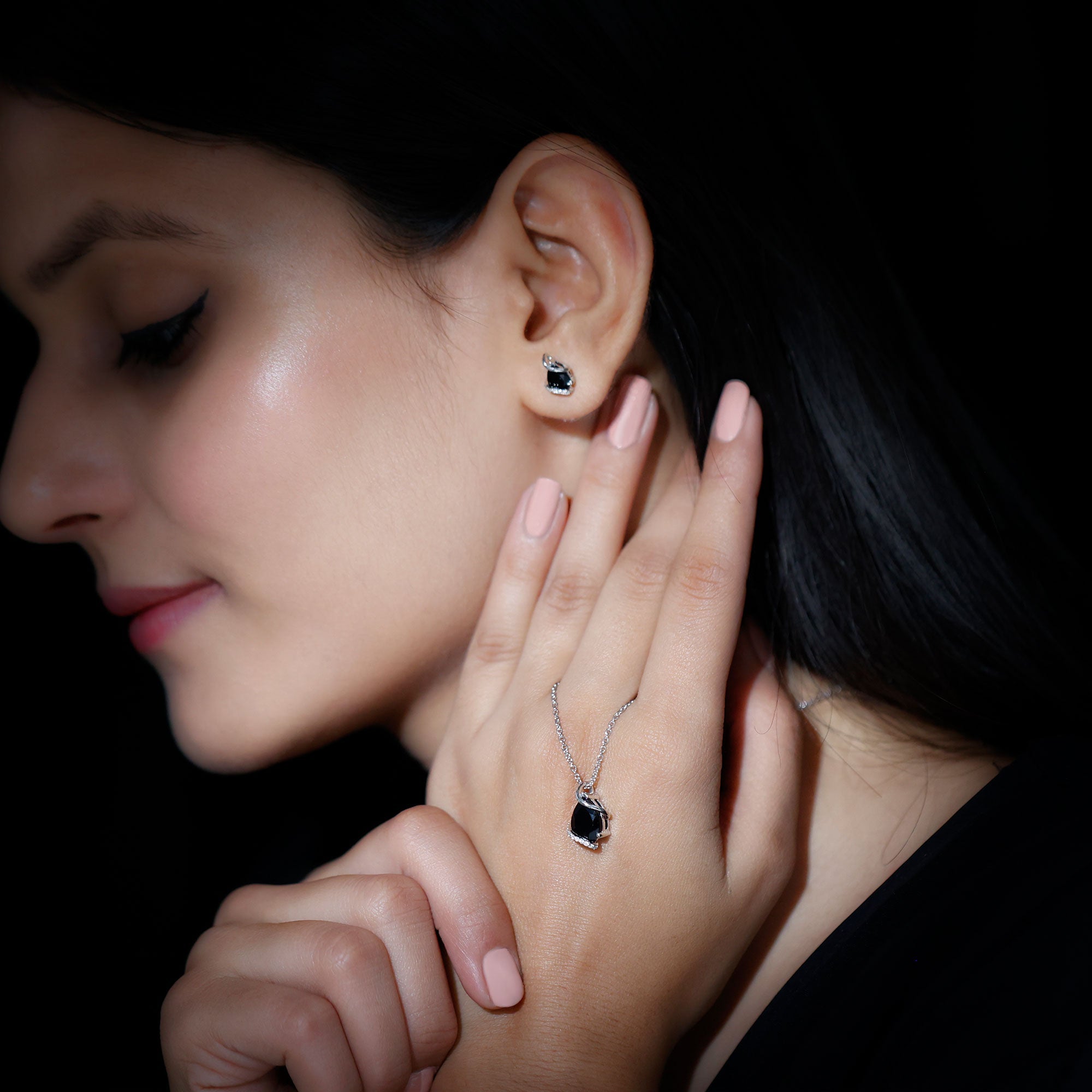 3 CT Black Spinel and Moissanite Teardrop Necklace Earrings Set