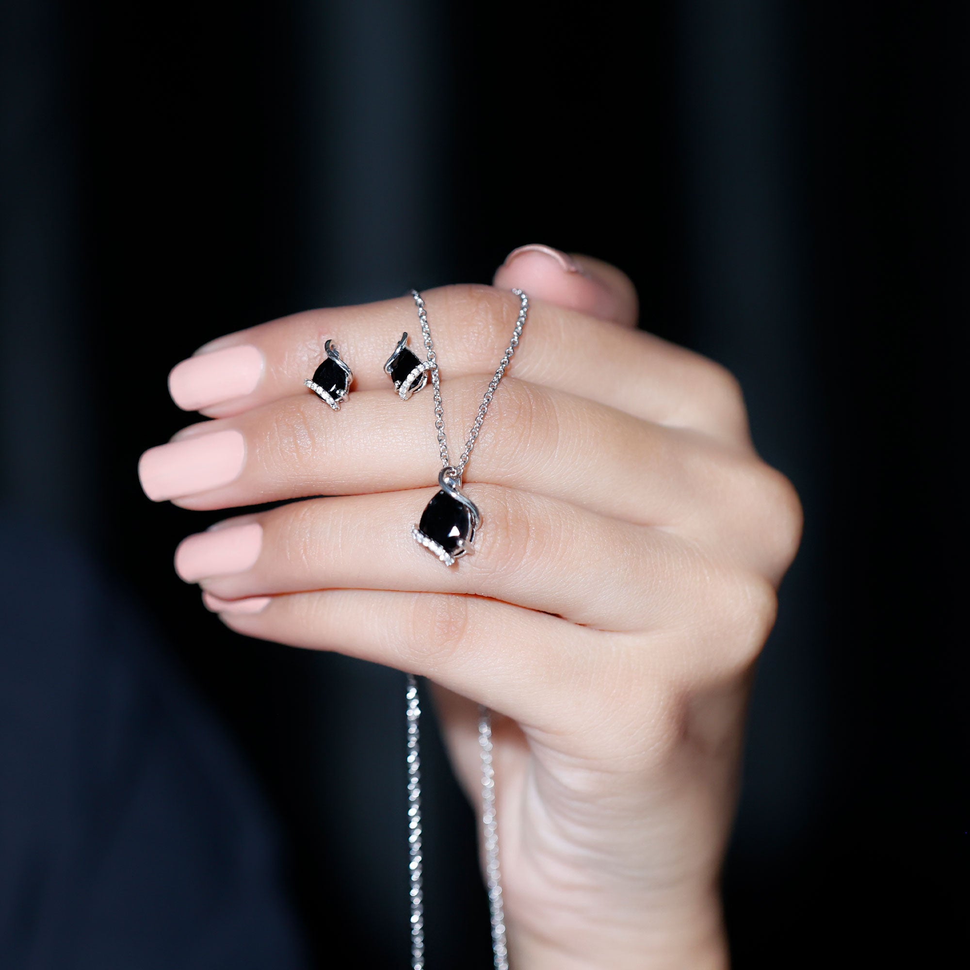 3 CT Black Spinel and Moissanite Teardrop Necklace Earrings Set