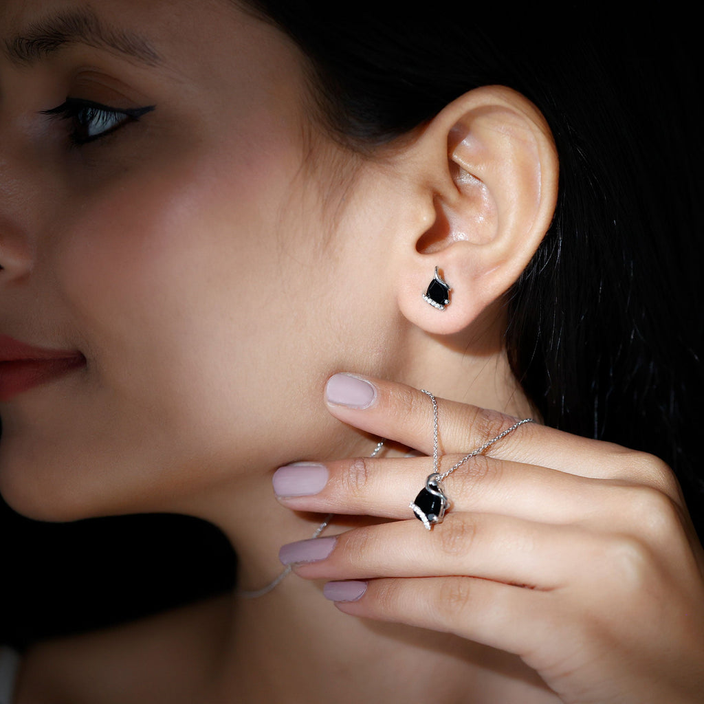 3 CT Black Spinel and Moissanite Teardrop Necklace Earrings Set