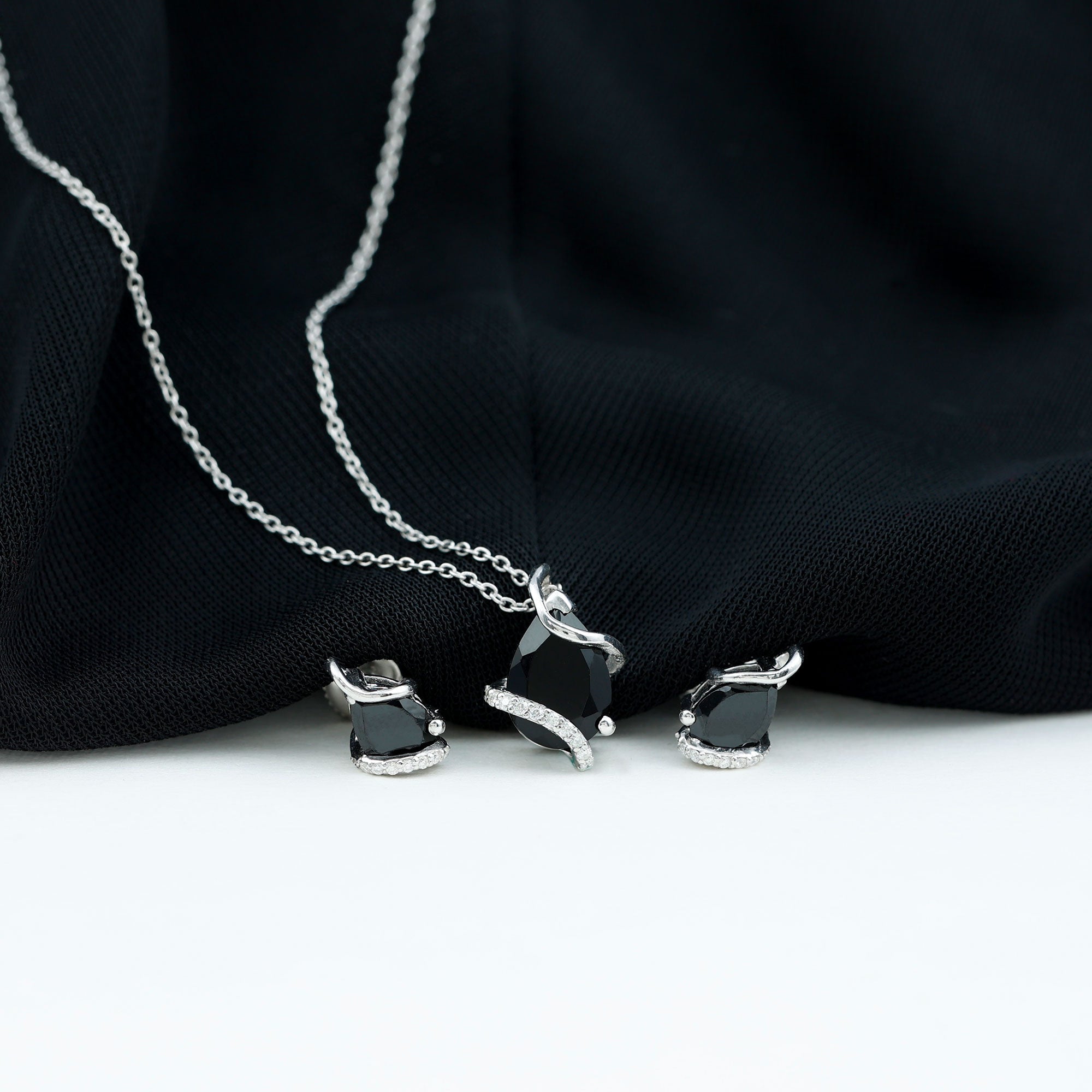 3 CT Black Spinel and Moissanite Teardrop Necklace Earrings Set