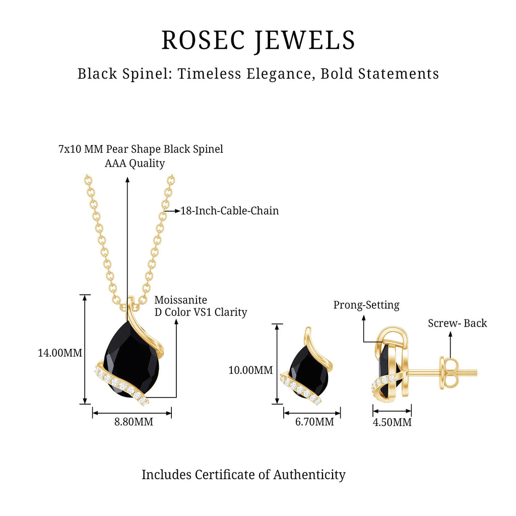 3 CT Black Spinel and Moissanite Teardrop Necklace Earrings Set