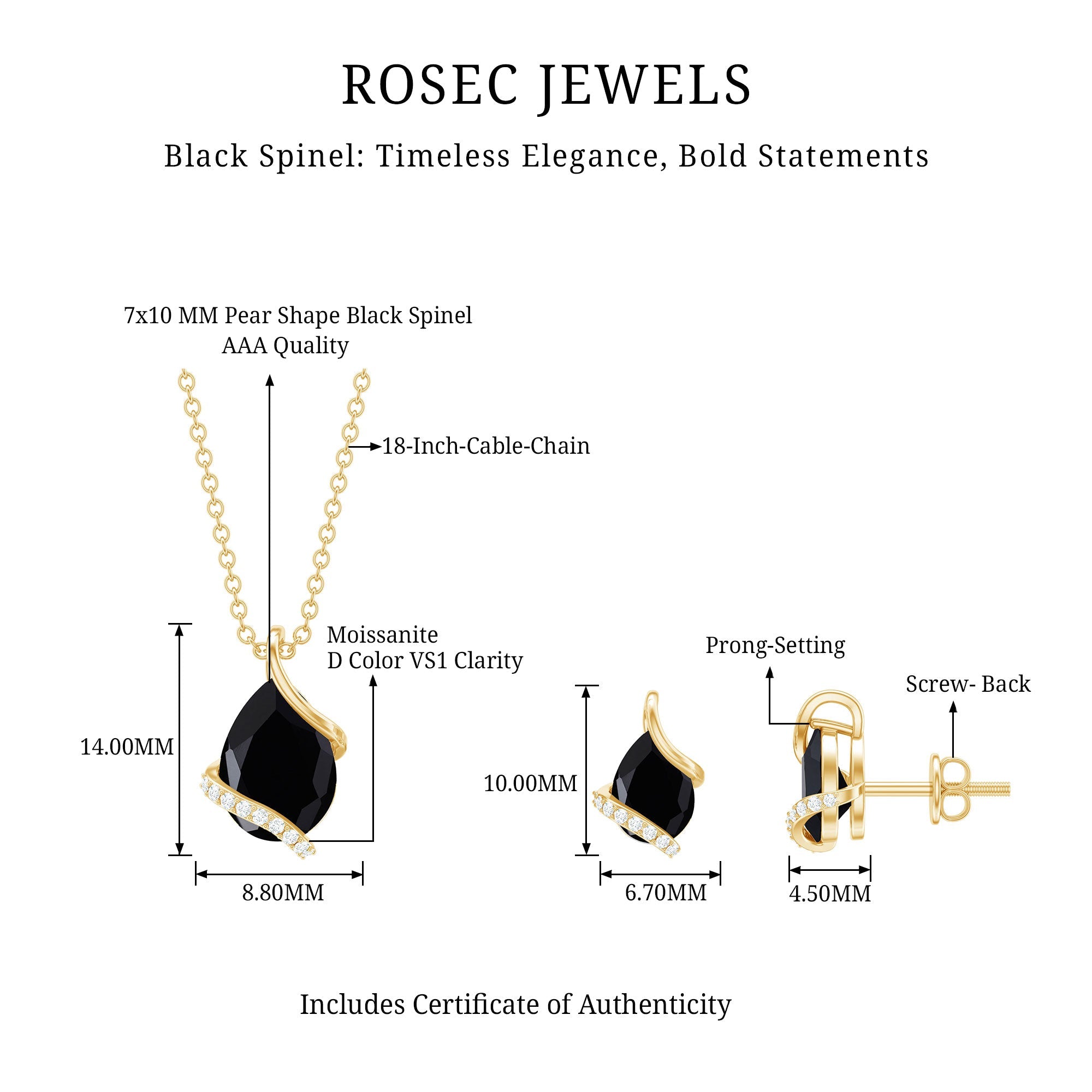 3 CT Black Spinel and Moissanite Teardrop Necklace Earrings Set