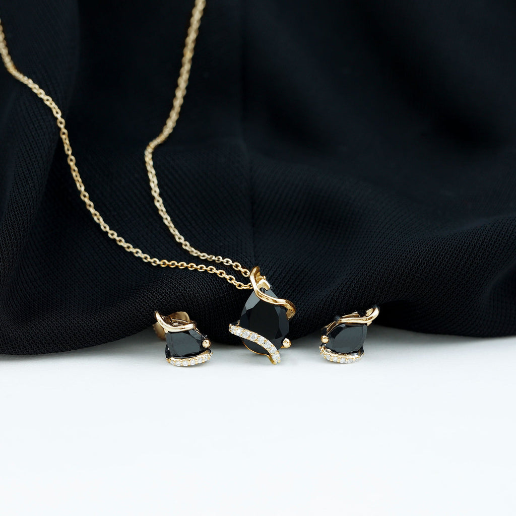 3 CT Black Spinel and Moissanite Teardrop Necklace Earrings Set