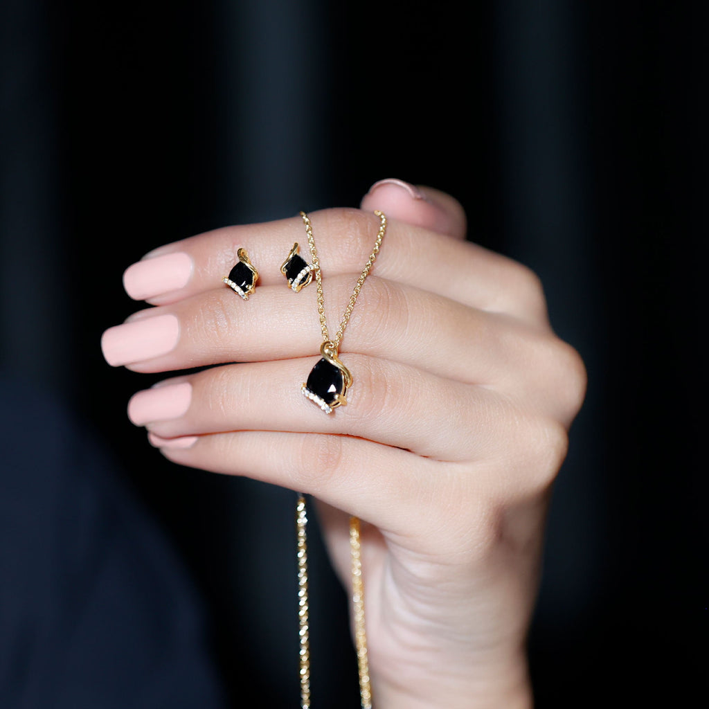 3 CT Black Spinel and Moissanite Teardrop Necklace Earrings Set