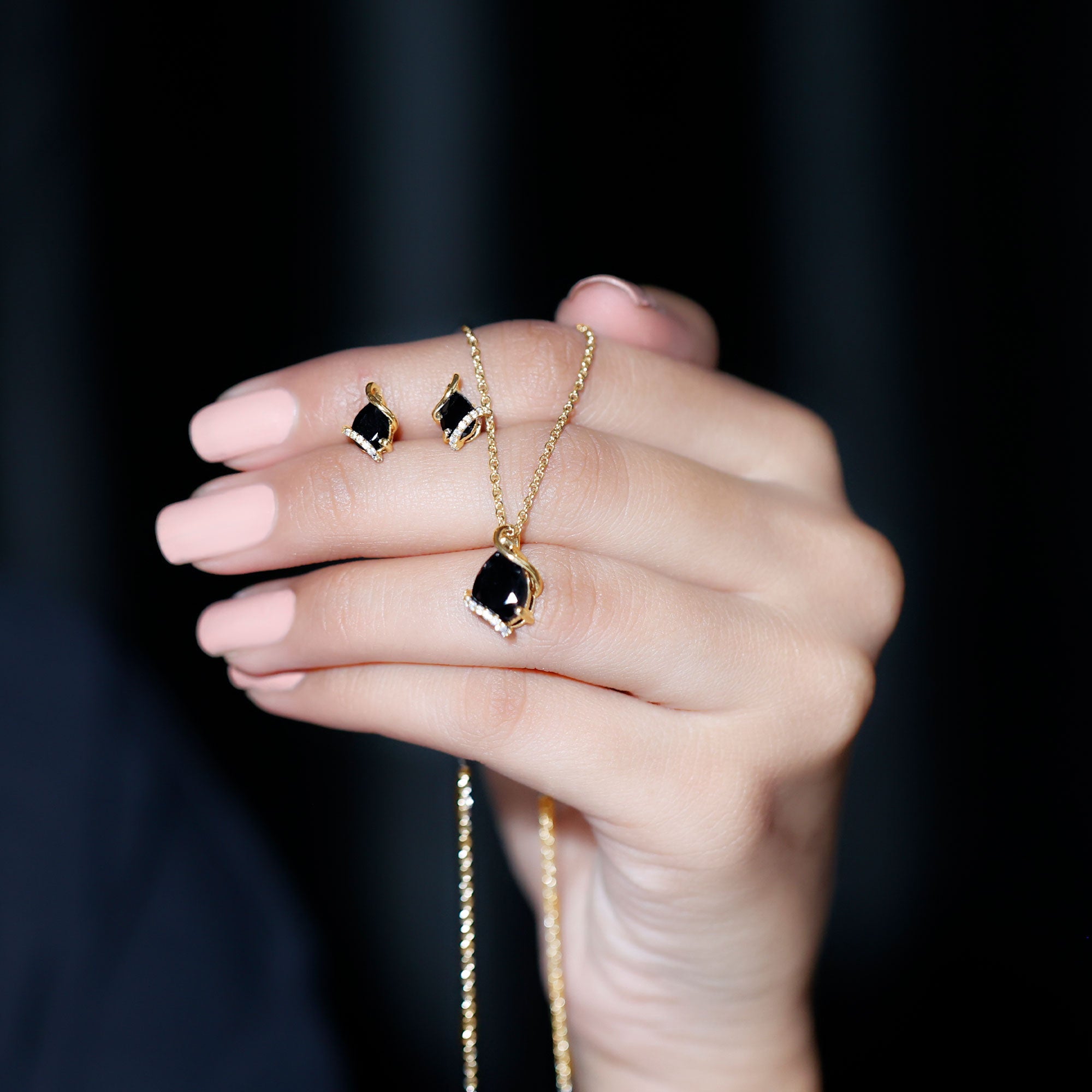 3 CT Black Spinel and Moissanite Teardrop Necklace Earrings Set