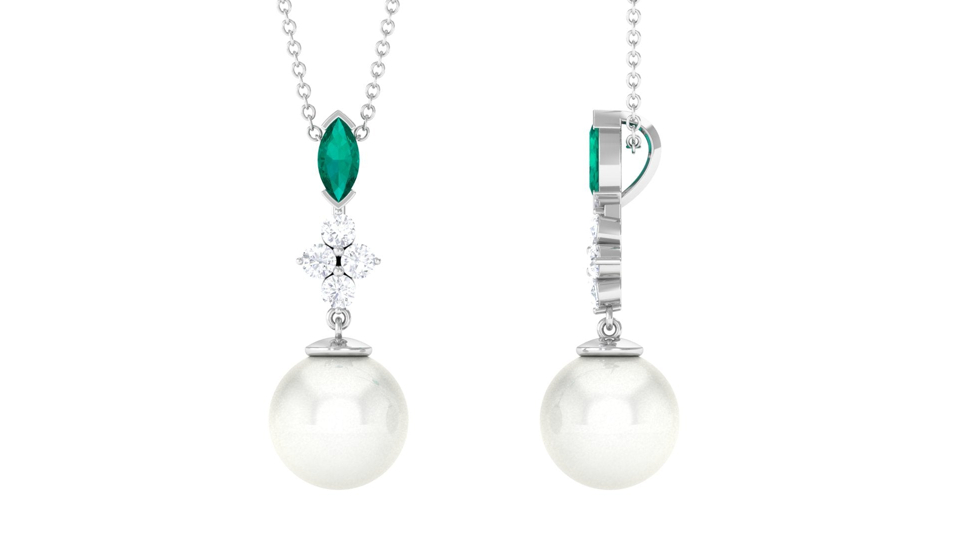 Cultured Freshwater Pearl Pendant Necklace with Emerald and Moissanite