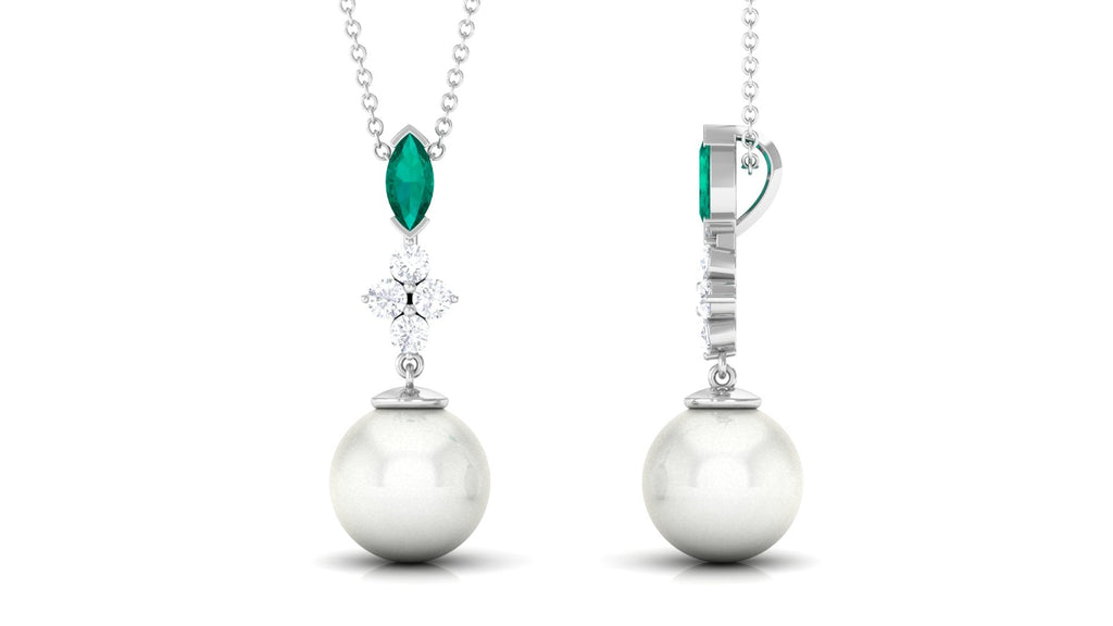 Cultured Freshwater Pearl Pendant Necklace with Emerald and Moissanite