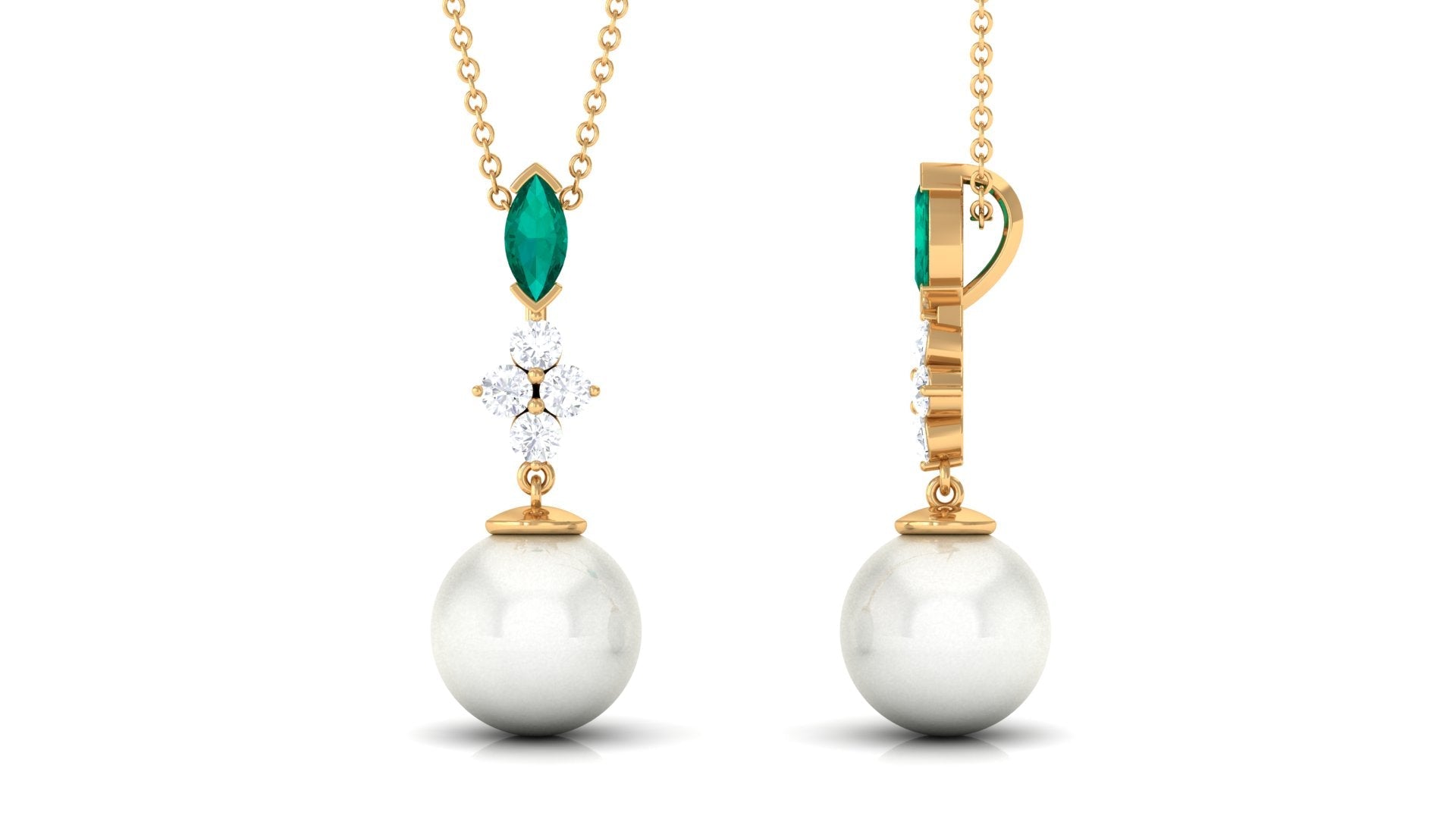 Cultured Freshwater Pearl Pendant Necklace with Emerald and Moissanite