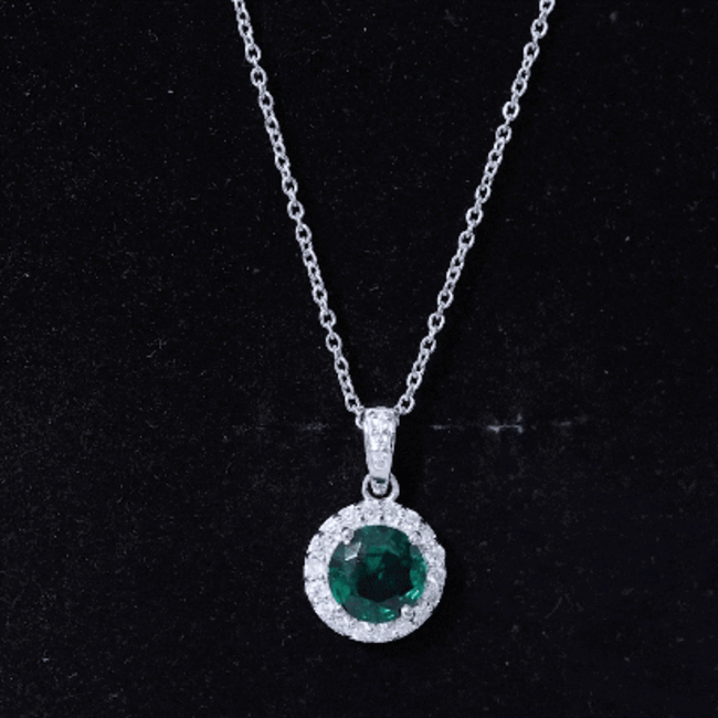 Created Green Sapphire and Moissanite Halo Pendant Necklace