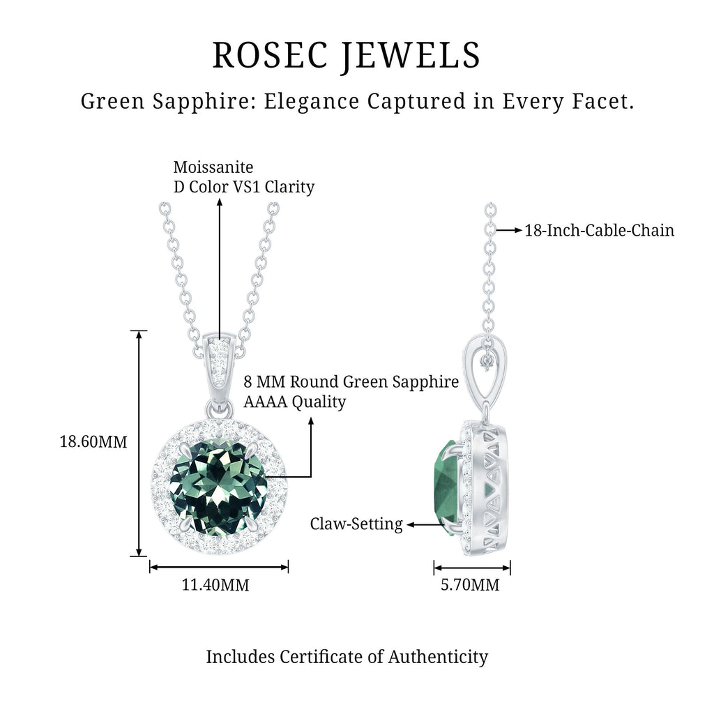 Created Green Sapphire and Moissanite Halo Pendant Necklace