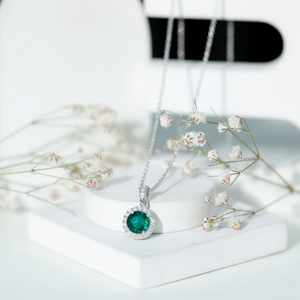 Created Green Sapphire and Moissanite Halo Pendant Necklace