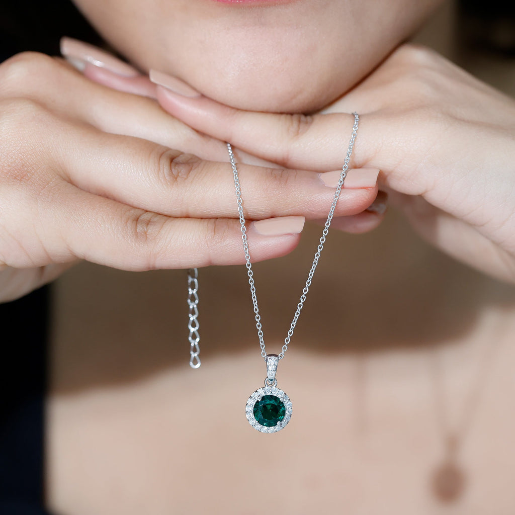 Created Green Sapphire and Moissanite Halo Pendant Necklace