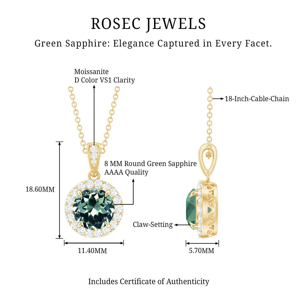 Created Green Sapphire and Moissanite Halo Pendant Necklace