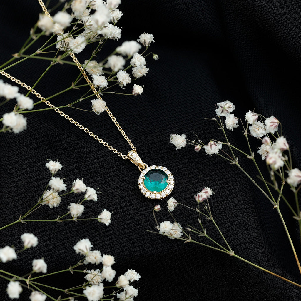 Created Green Sapphire and Moissanite Halo Pendant Necklace