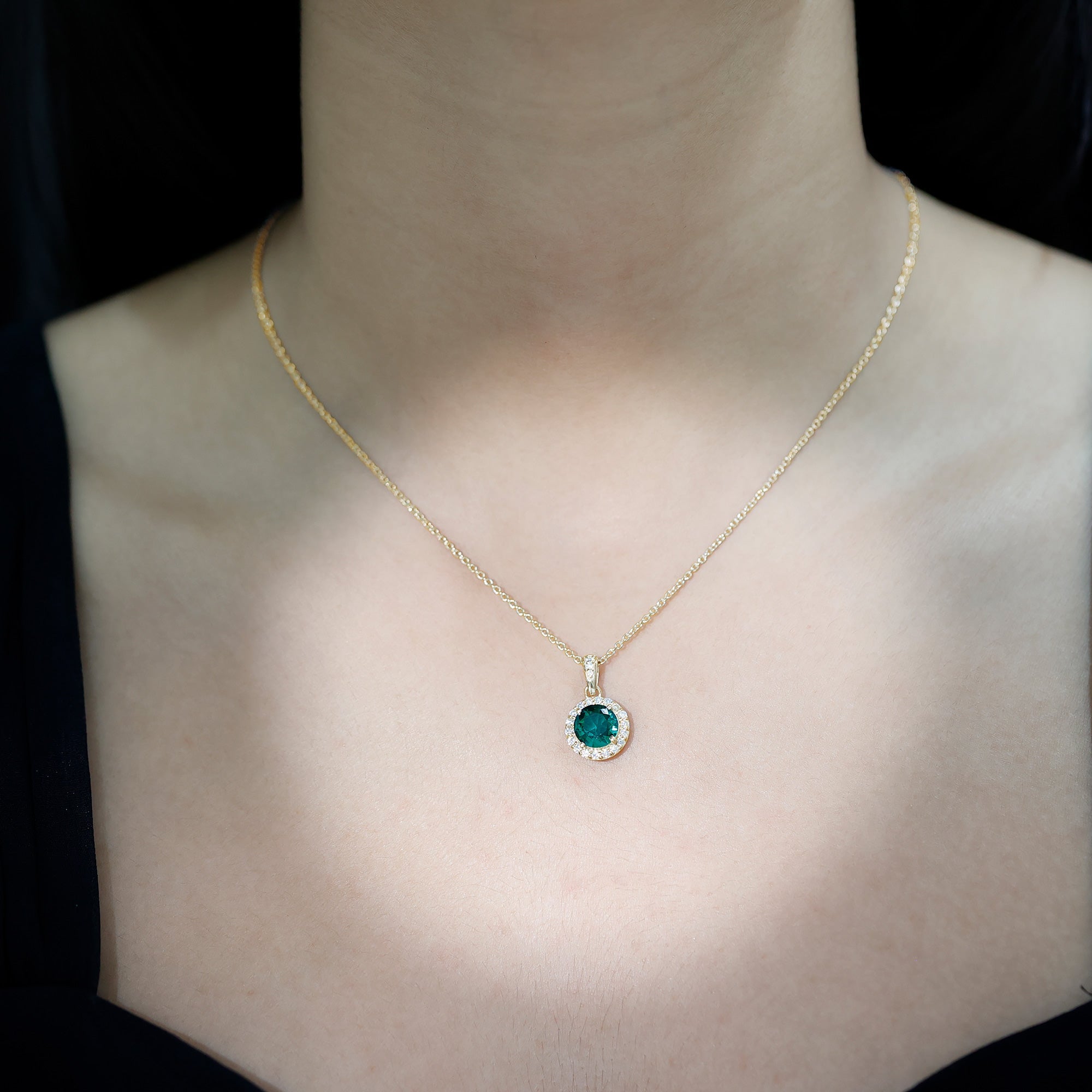 Created Green Sapphire and Moissanite Halo Pendant Necklace