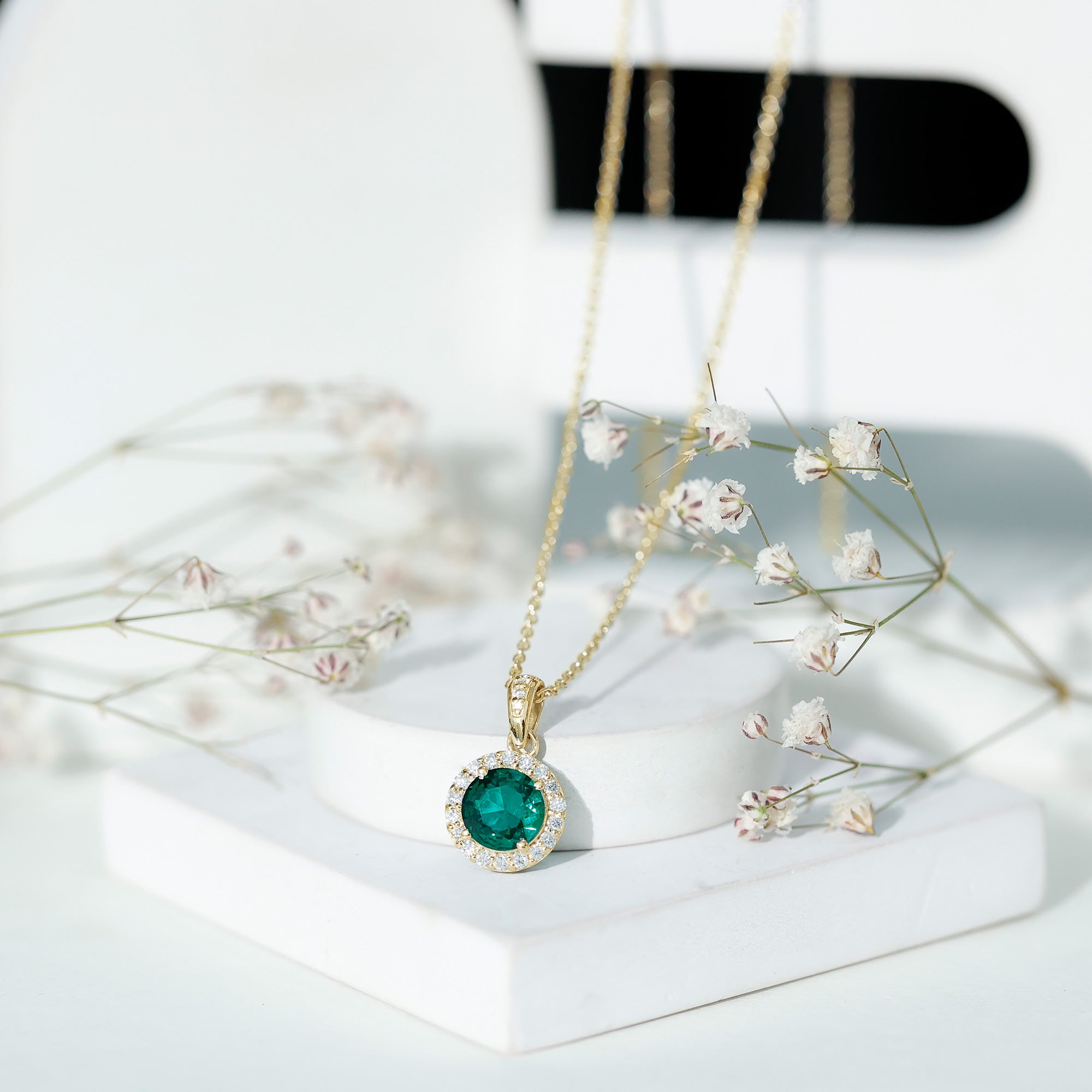 Created Green Sapphire and Moissanite Halo Pendant Necklace