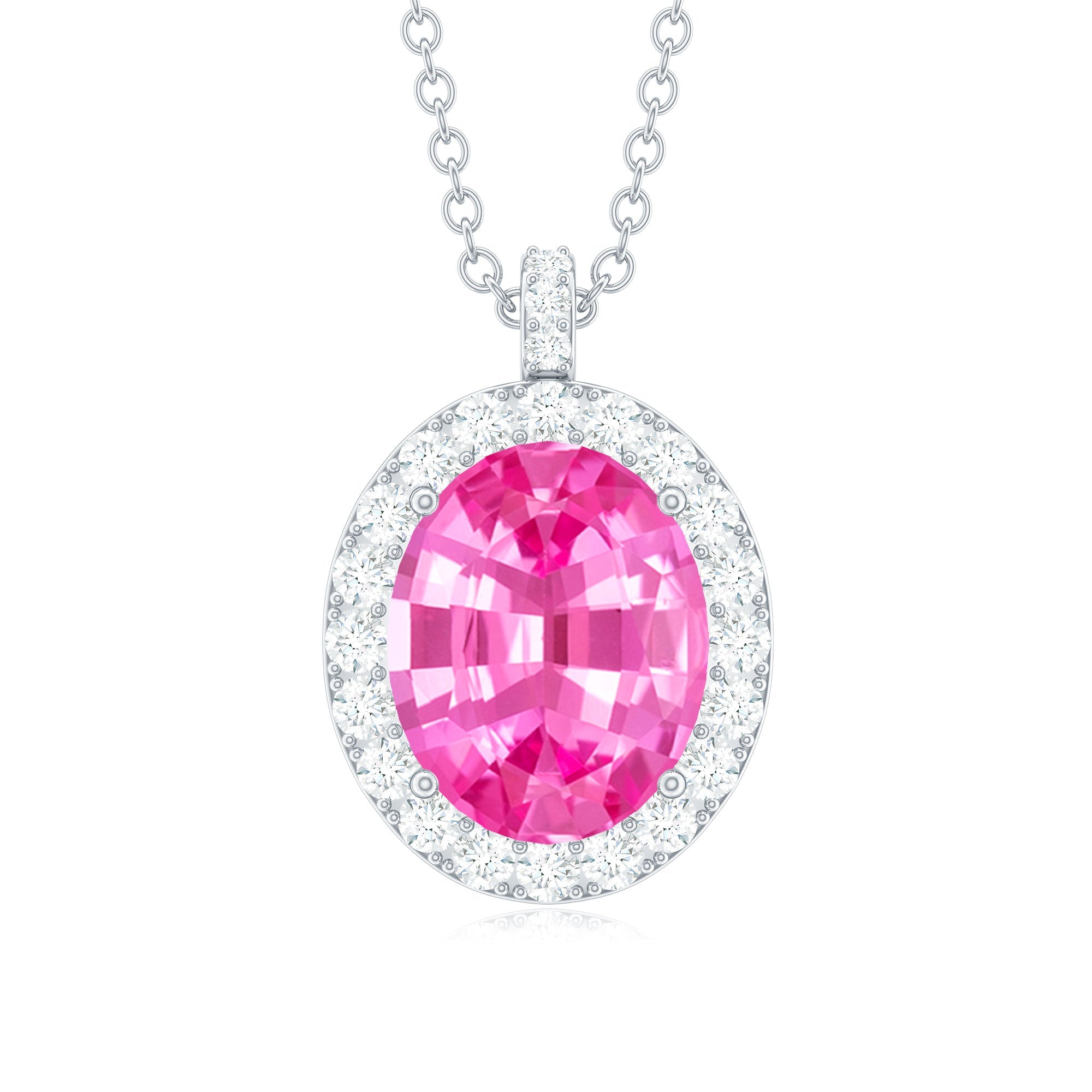 Oval Created Pink Sapphire Halo Pendant with Diamond