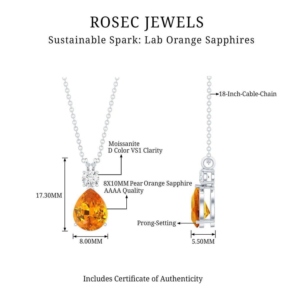Created Orange Sapphire Teardrop Pendant Necklace with Moissanite