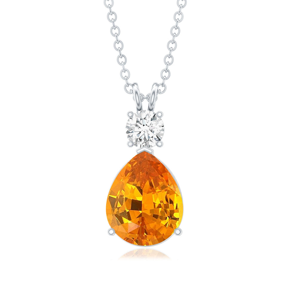 Created Orange Sapphire Teardrop Pendant Necklace with Moissanite