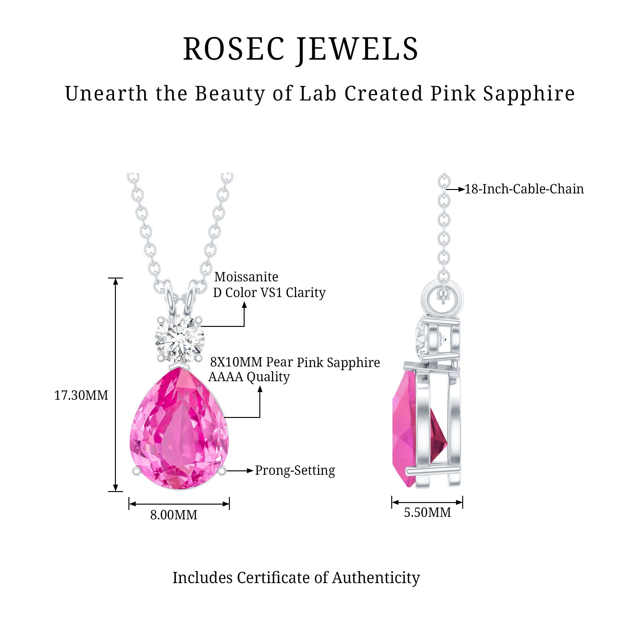 Pear Cut Created Pink Sapphire Drop Pendant Necklace