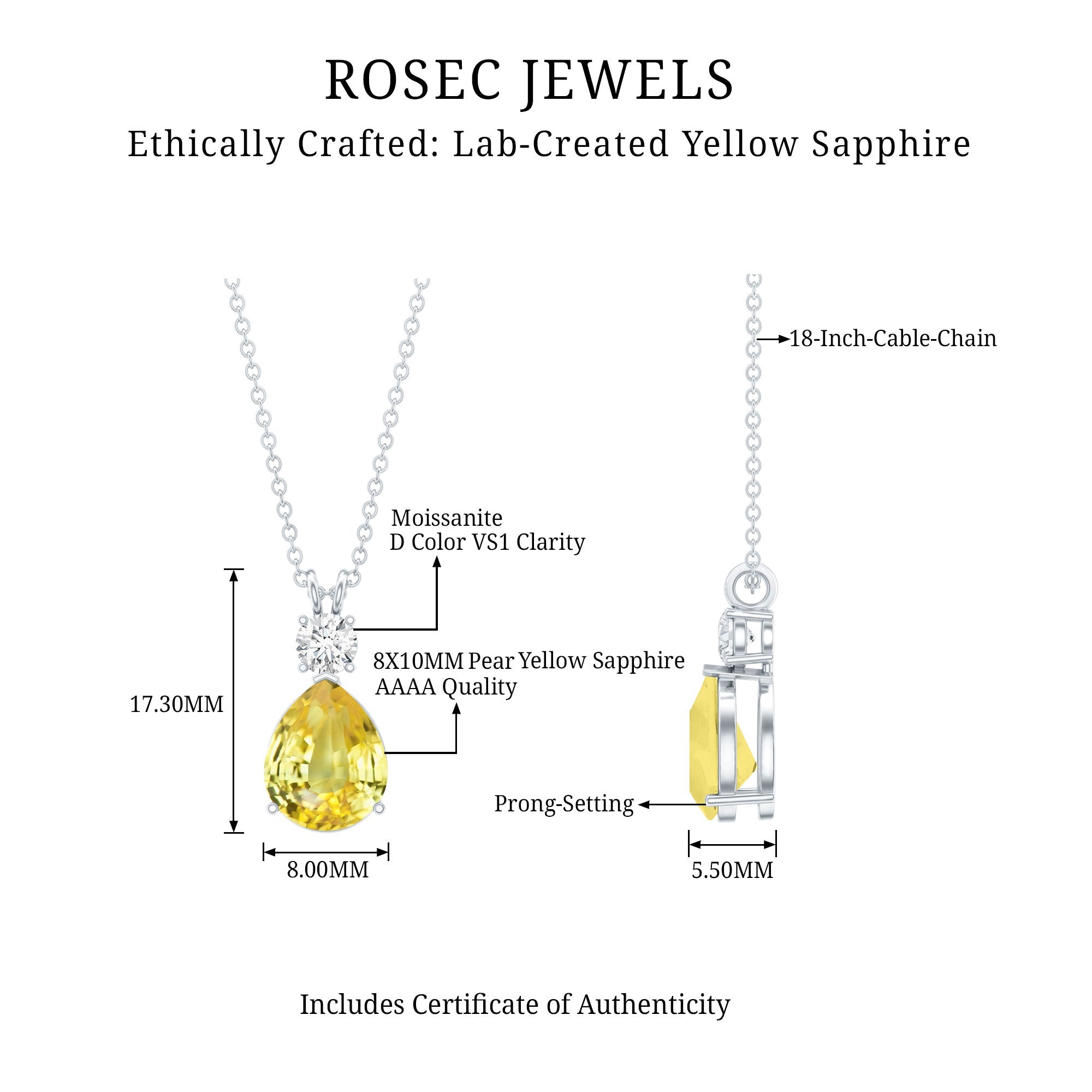 Created Yellow Sapphire Minimal Drop Pendant Necklace with Moissanite