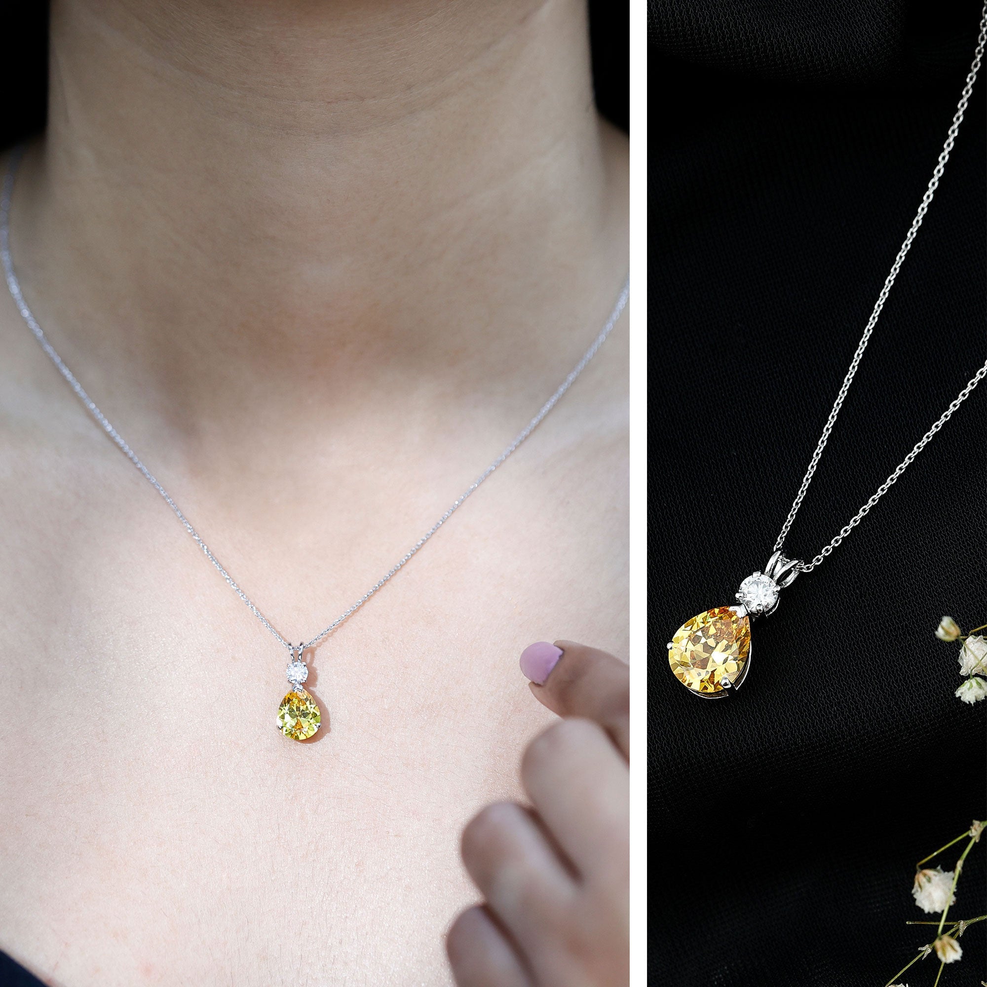Created Yellow Sapphire Minimal Drop Pendant Necklace with Moissanite