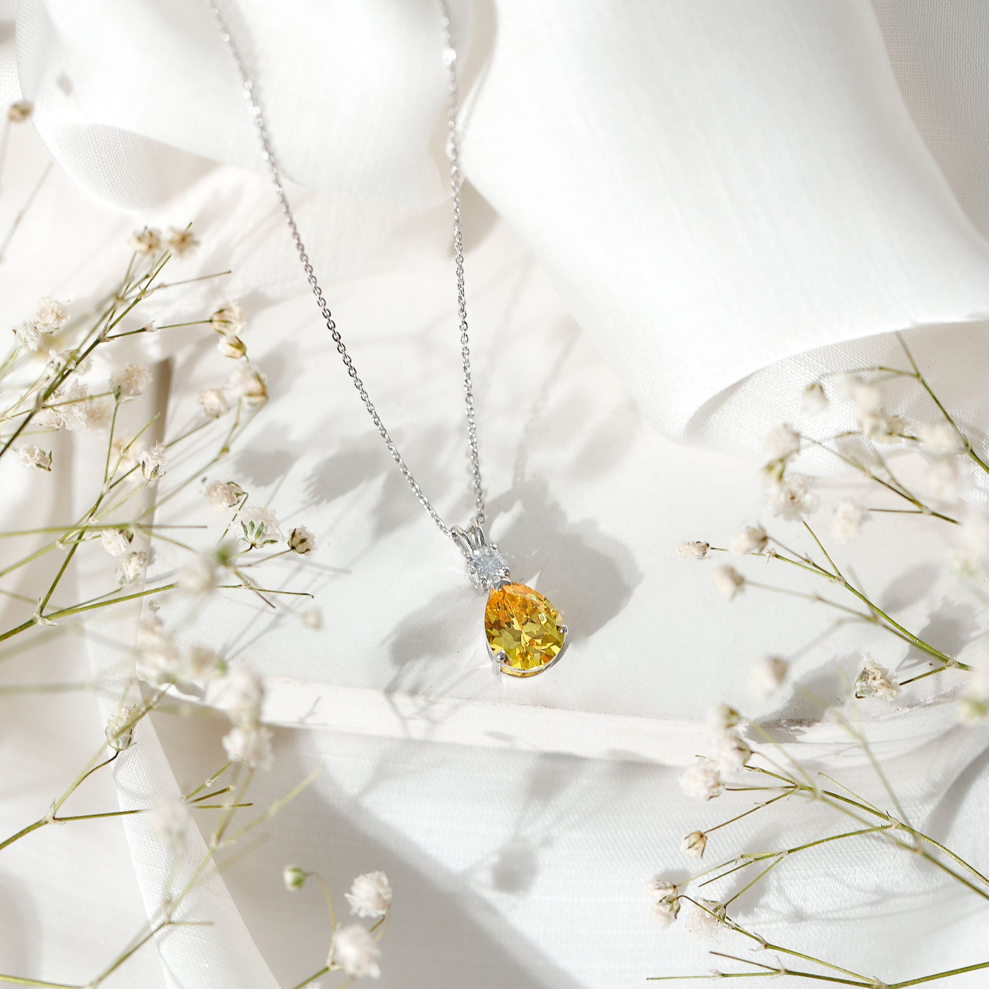 Created Yellow Sapphire Minimal Drop Pendant Necklace with Moissanite