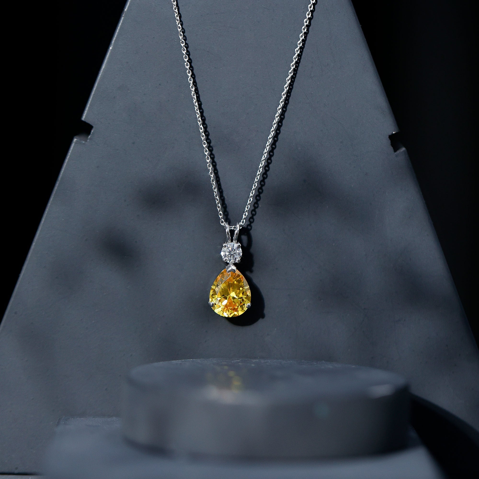 Created Yellow Sapphire Minimal Drop Pendant Necklace with Moissanite