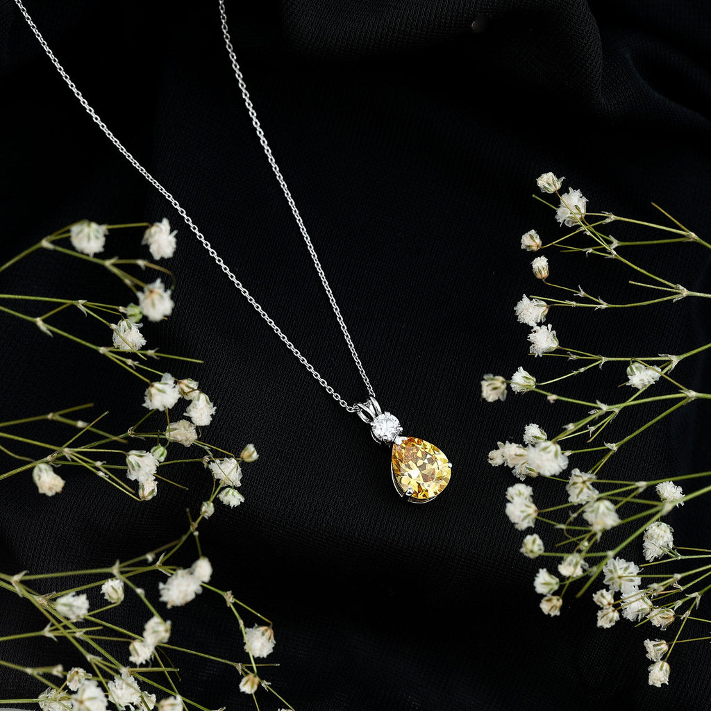 Created Yellow Sapphire Minimal Drop Pendant Necklace with Moissanite